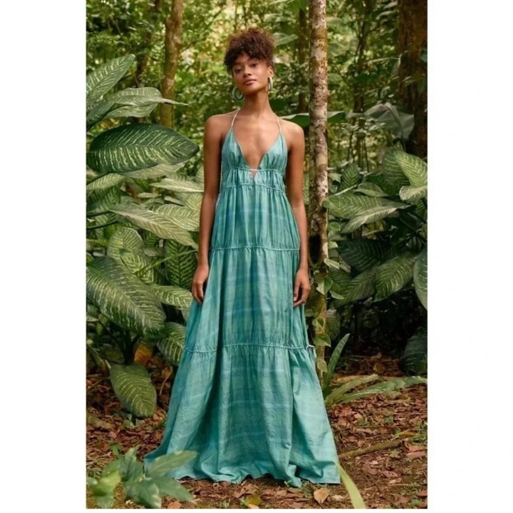 New Free People Marisol Silk Maxi Dress Green PlaidSmall